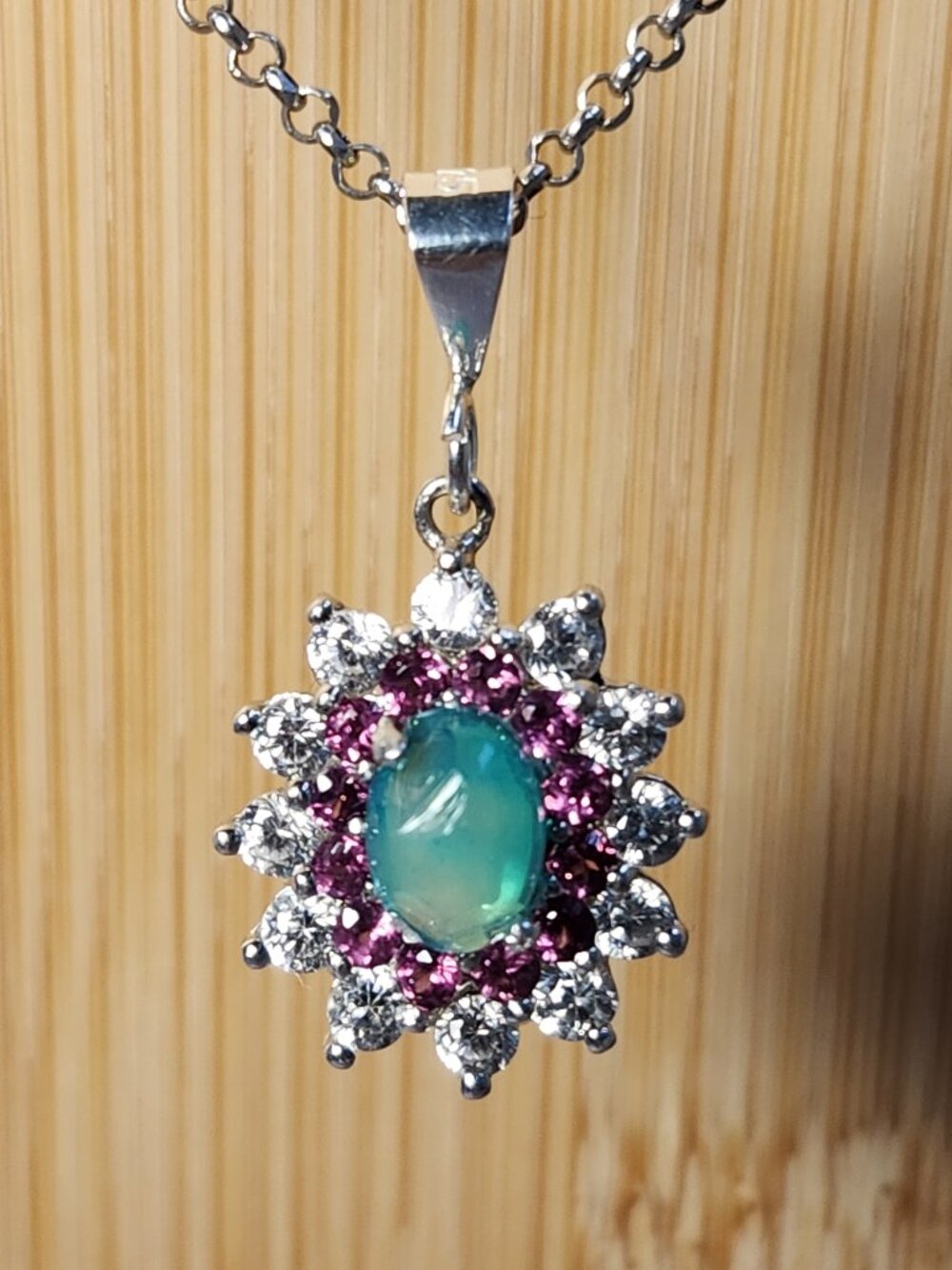 VTG Teal Green Opal Pink Sapphire Halo Pendant Necklace 925 Sterling Silver 22"